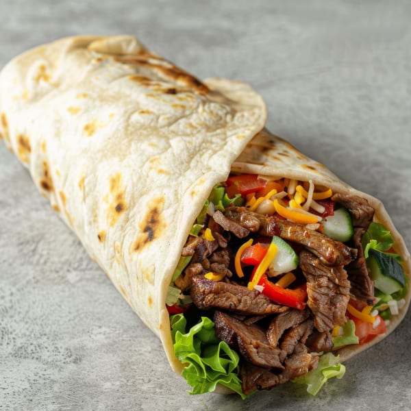 A T3END shawarma wrap, filled with sliced meat, fresh lettuce, tomatoes, cucumbers, and shredded cheese.
